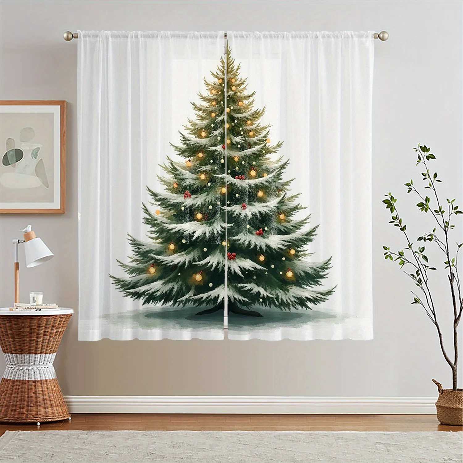 Curtain Christmas Christmas Tree Curtains 2pcs Green White Semi-Sheer Rod Pocket Polyester Machine Washable for Living Room Bedroom Y251126