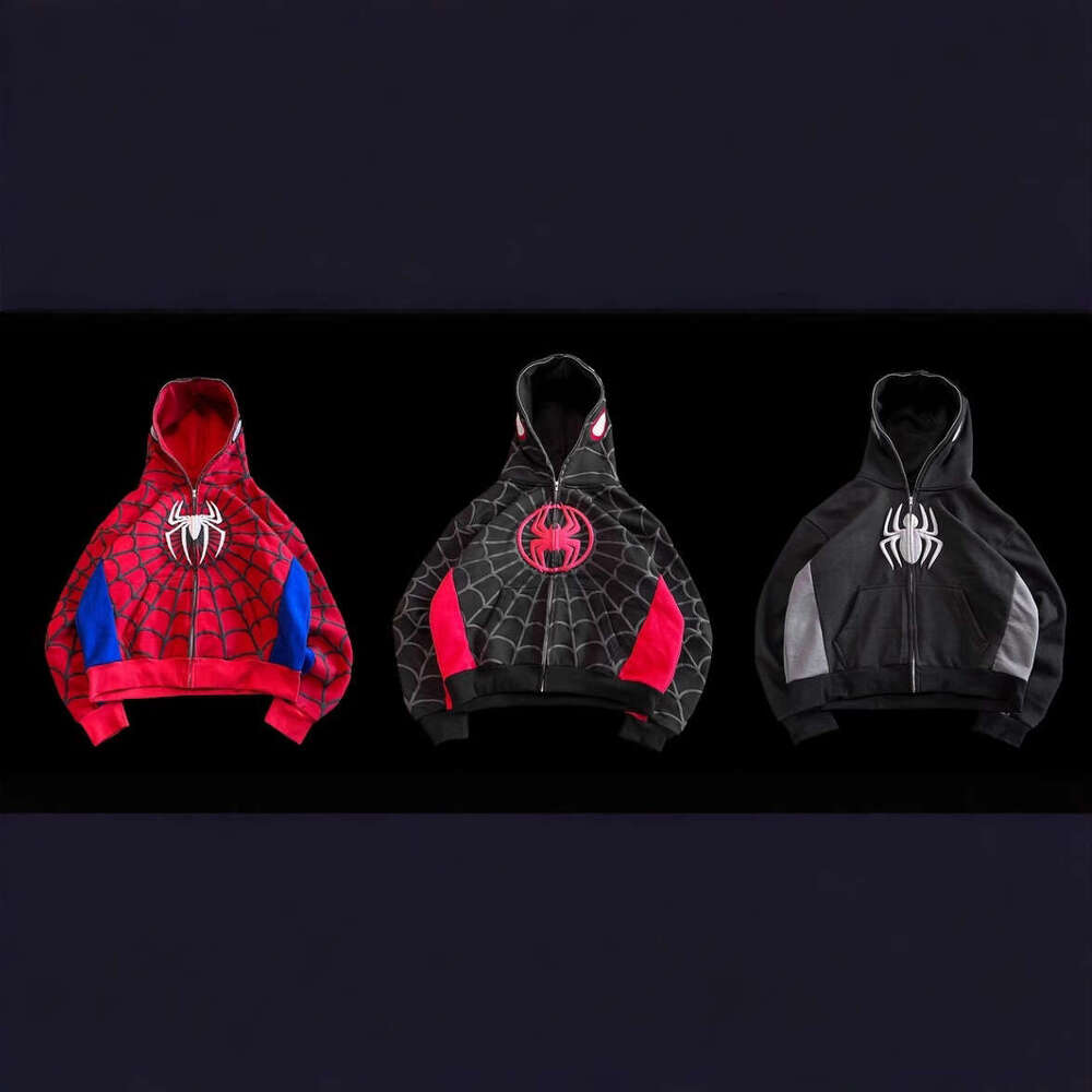 European and American Cross-Border New Gothic Dark Spider Print Hooded Cardigan Full Zip Loose Unisex Trendy Sweatshirt Jacket