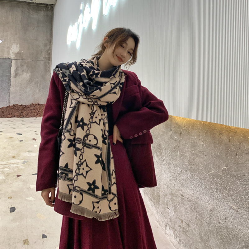 New Design Scarf - European and American autumn and winter New Warm Scarf, versatile for women in winter, faux cashmere thickened chain scarf shawl fr