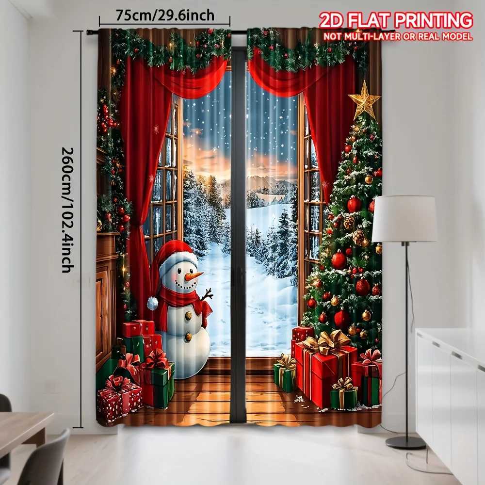Curtain Christmas 2PCS Christmas Curtains - Santa Snowman Scene Rustic Wood Background Xmas Tree Gifts Sheer Polyester Rod Pocket Y251126