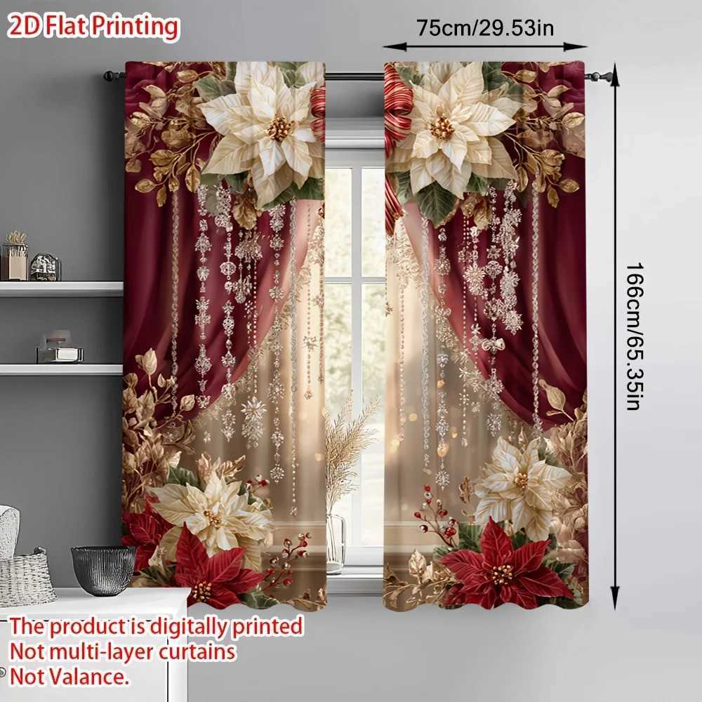 Curtain Christmas 2pcs Elegant Christmas Print Curtains Poinsettia Gold Floral Design for Bedroom Living Room Kitchen Office Y251126