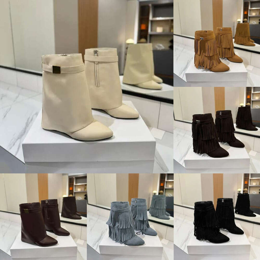 luxury Master's Latest Ankle boots designer woman shoe Fringe-Trimmed Rolled-Cuff Boots Satin-Finish Genuine Leather Buckle Detail Wedge Heel fashion booties