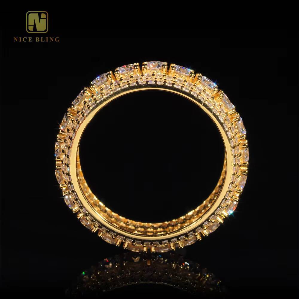 Luxury Rapper Jewelry Gold Plated Solid Inside 925 Sterling Silver Hip Hop Fully Iced Out Moissanite Band Ring