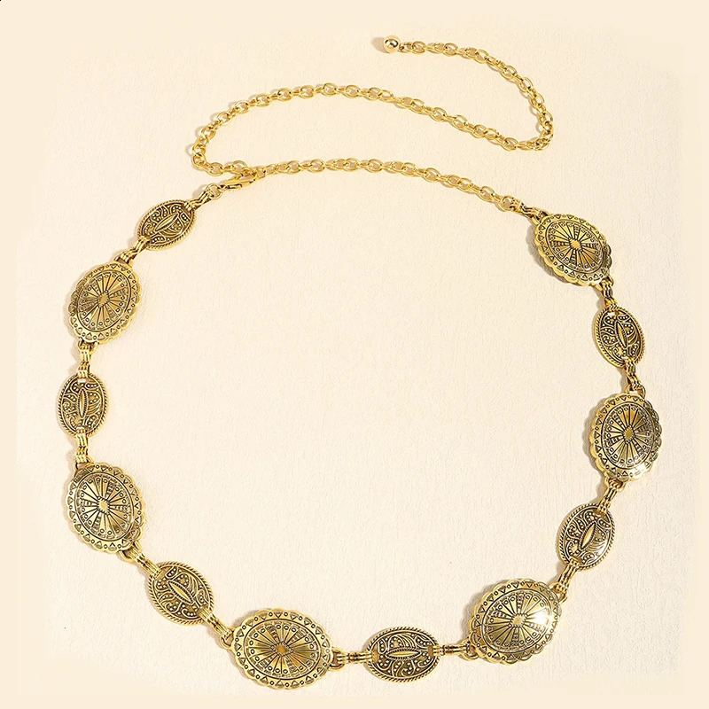 Retro style womens metal waist chain accessories Decorative circle carved chain belt high style accessories 250523