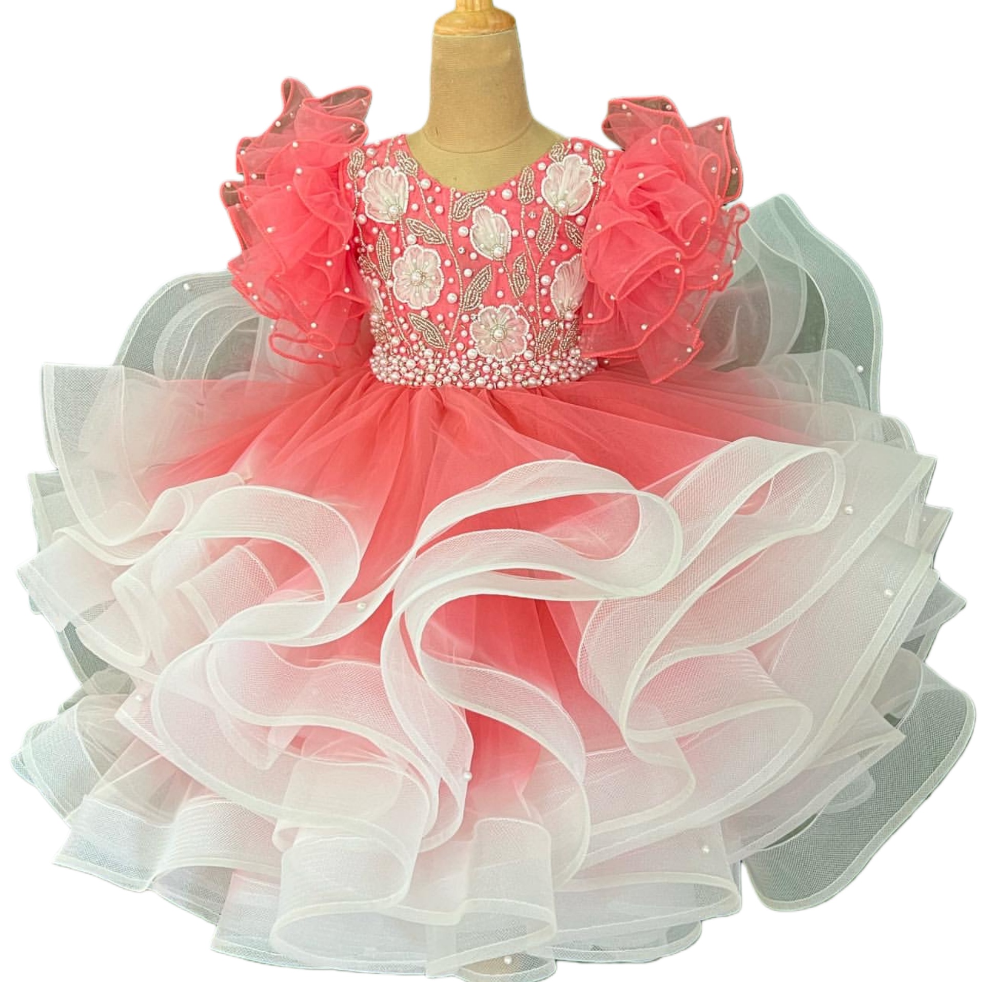 2026 Water Melon Ball Gown Flower Girl Dresses Appliques Pearls Tiers Tulle Little Girl Christmas Peageant Birthday Christening Tutu Dress Gowns ZJ422