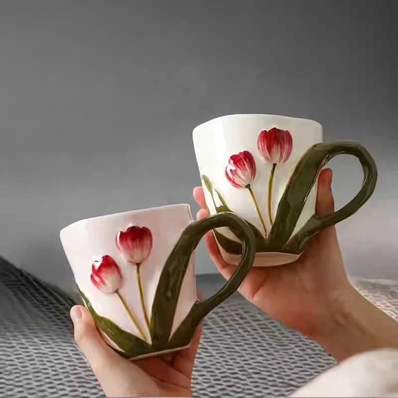Hand-painted Tulip MUg High Quality Ceramic Cute Water Cup Girl Household Breakfast Milk Cups Kitchen Drinkware C251127
