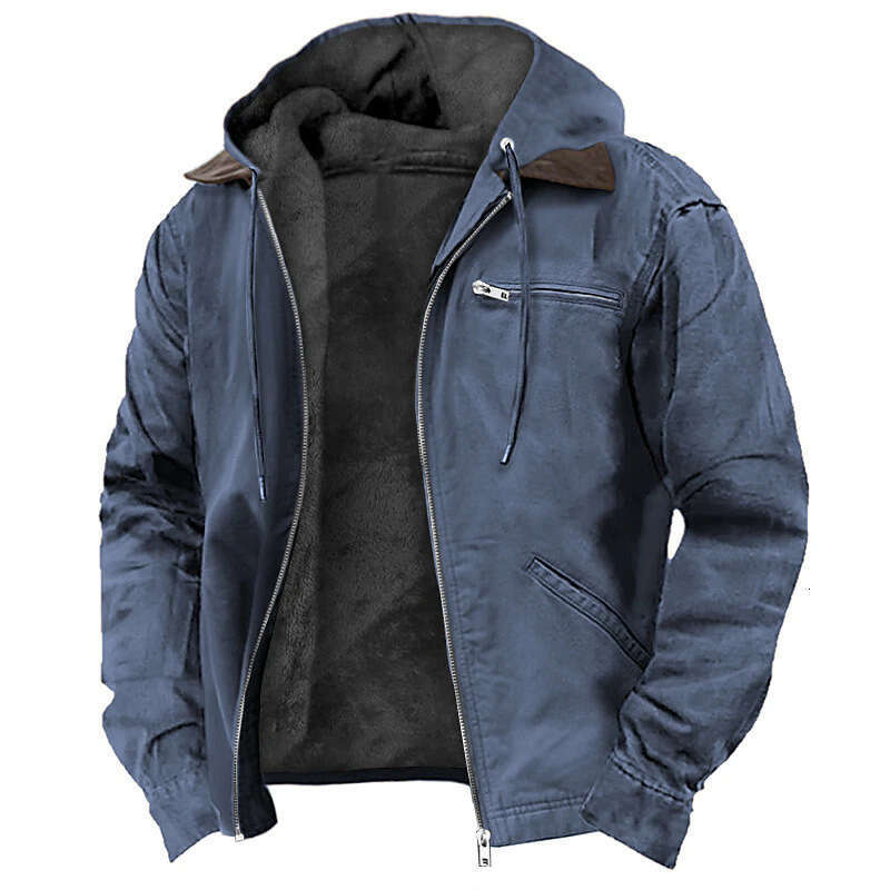 European and American Cross-Border E-commerce Exclusive Solid Color Hooded Cotton Casual Men's Fleece-Lined Zipper Pocket Jacket Coat - view 9