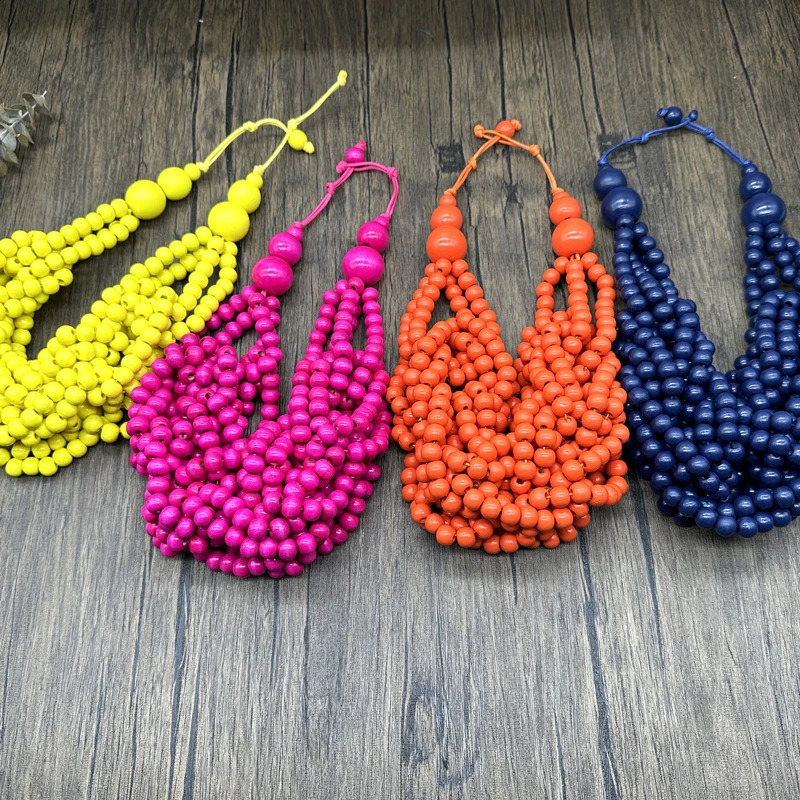Colorful Round Wood Necklace Pendant Boho Bib Beads Chain Choker Collar Vintage Bohemian African Jewelry 250425