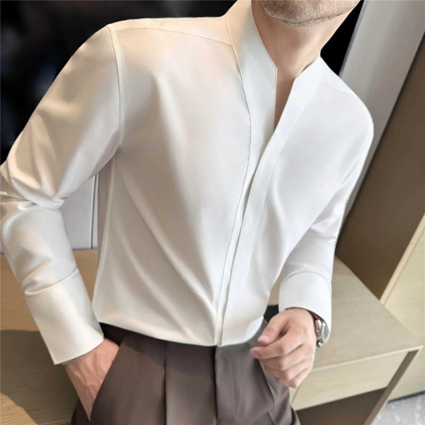 French Shirts Men Collarless Long Sleeve Solid Color Casual Shirt Mens Business Style Spring Autumn Daily BlouseW251127
