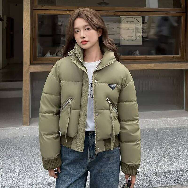 Korean Stand Collar Cropped Jacket Winter Coat Women's Clothing Trend Puffer Jackets Warm Streetwear Knit Patchwork Long Sleeve