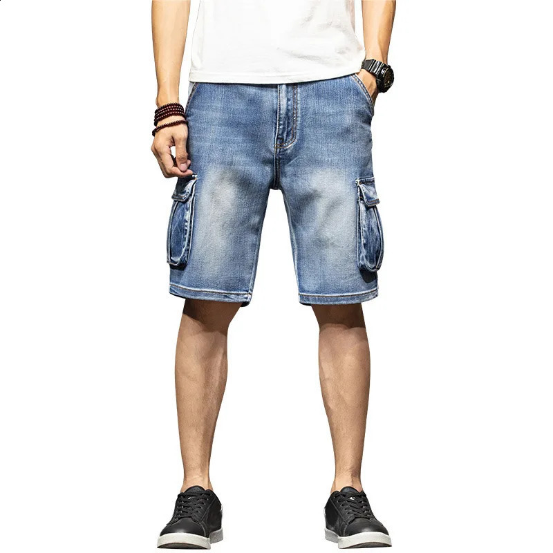 Multi pocket five point denim shorts mens loose oversized crop plus summer thin street cargo shorts mens 44 250423