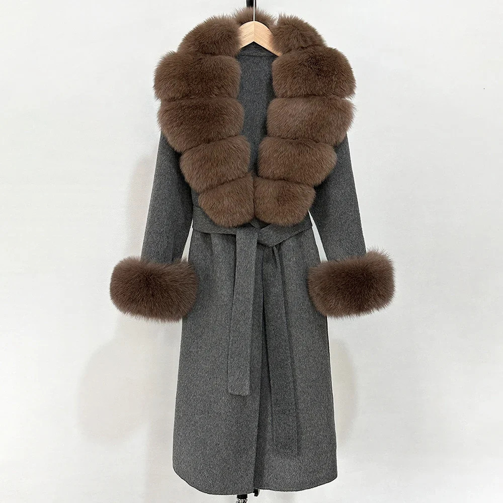 Autumn Wool Blend Coat Women Elegant Warm Real Fox Fur Collar Winter Female Doublesided Cashmere Jacket 251126