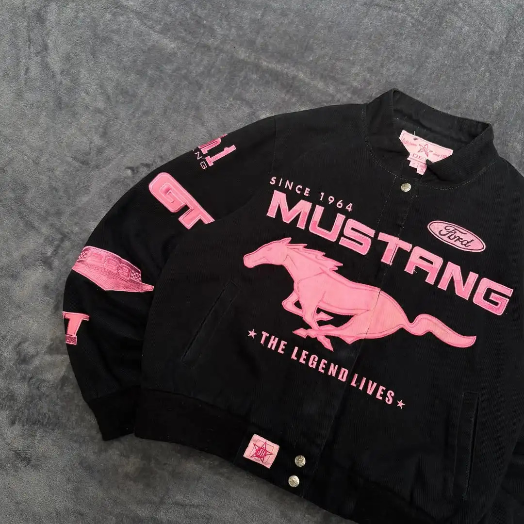 American Simple Pink Horse Pattern Car Jacket for Womens Autumn and Winter Fashion Street Harajuku Y2K Bomber Jacket 251121