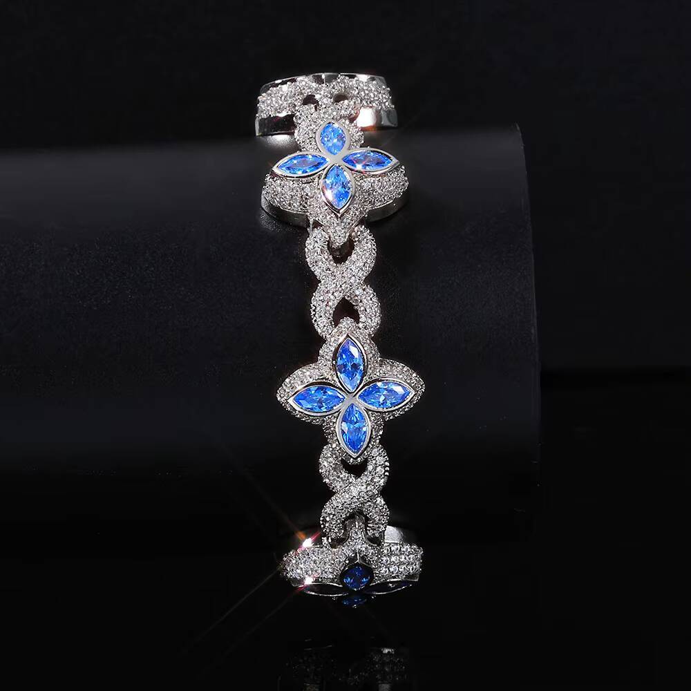 Eskeem Infinite Miami Cuban Chain Bracelet Blue Four Leaf Clover Iced Zircon Hip Hop Fine Jewelry