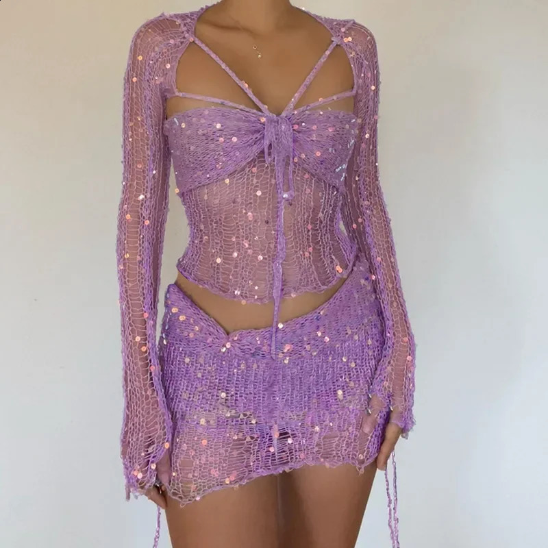 See Through Hollow sequin Knitted Tight Dress Womens Summer Beach Set Long Sleeve Crop Top Mini Tight Dress Set 250423