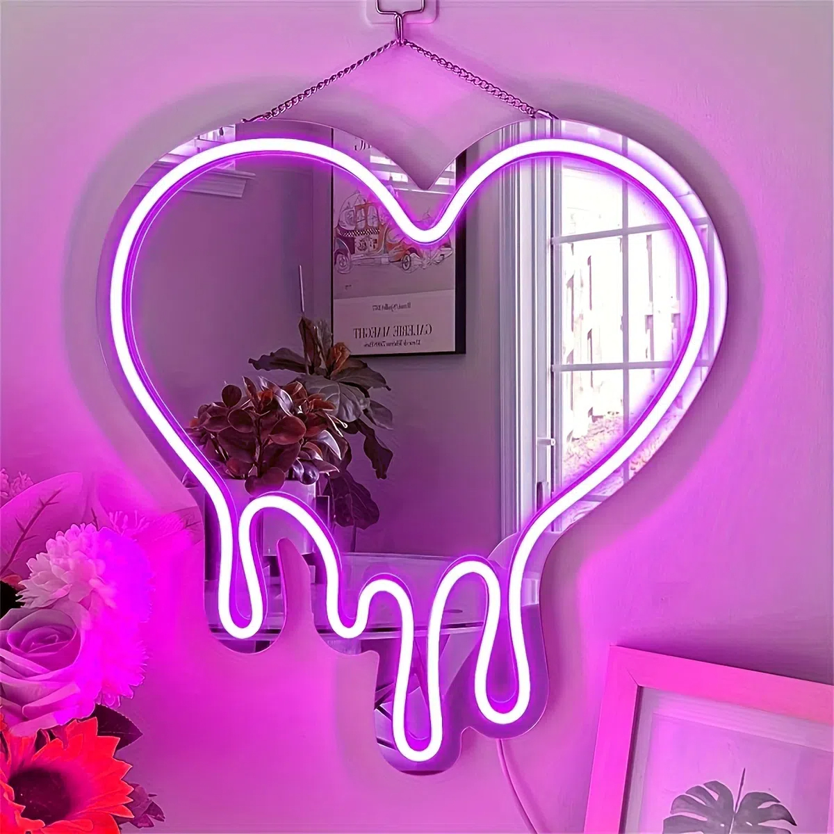 Melted Heart-shaped Neon Light Wall Mirror - Heart-melting wall decor,decorative wall mirror. Perfect for bedroom, girls' room, parties, studios,