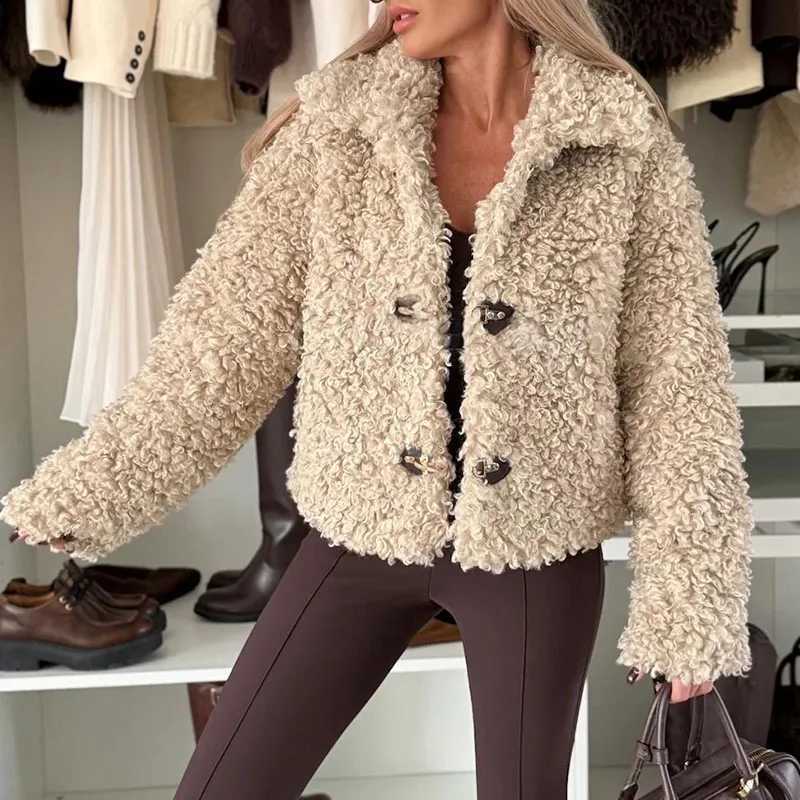 2025 Winter New Womens Lapel Collar Fleece Coat Simple Solid Color Commuter Long Sleeve Jacket Comfortable Warm Loose OuterwearXJ251127