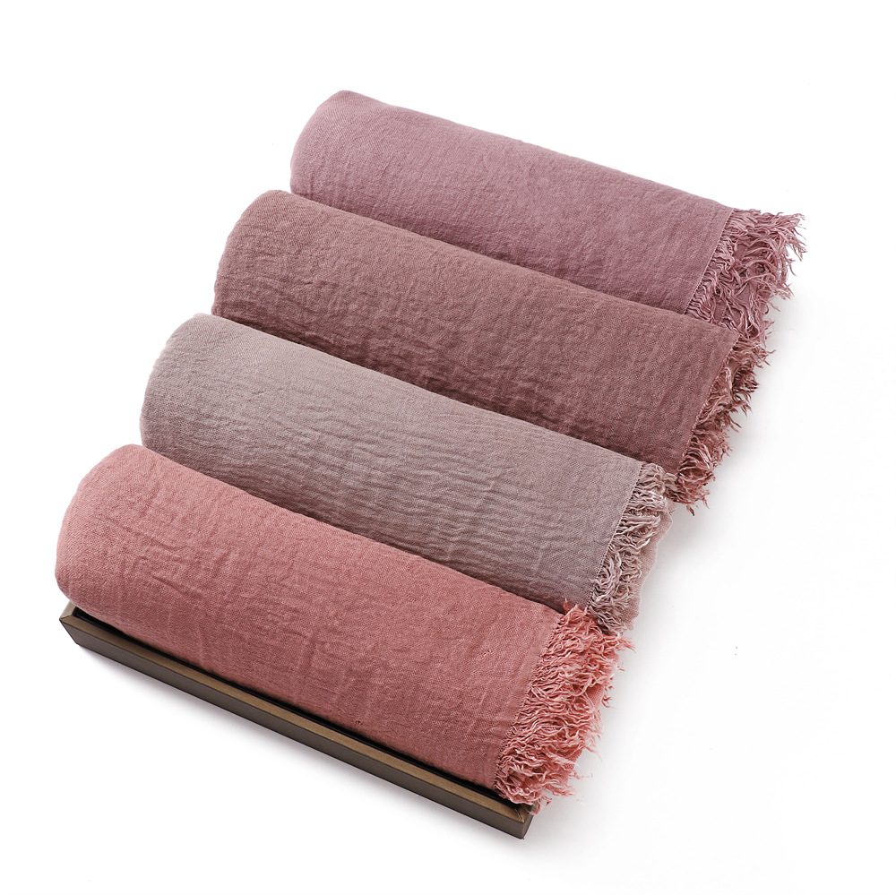 K539 Cross-border solid color cotton and linen breathable gauze scarf high quality encrypted sunscreen women's four-circle fringed shawl Malay he