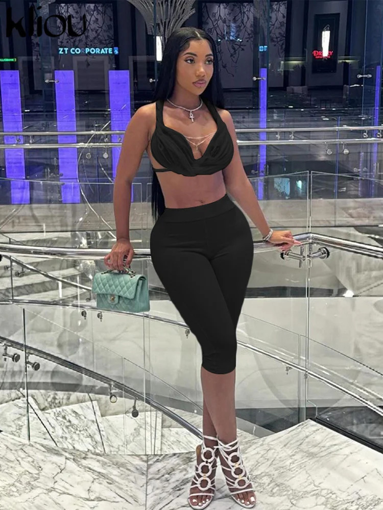 Kliou matching womens 2-piece comfortable suspender ruffled crop canultra-thin elastic shorts womens sexy classic club outfit 250422