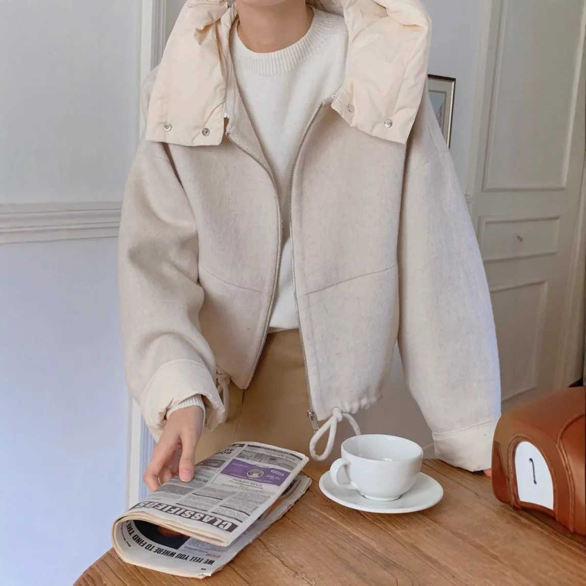 Solid Wool Coat Women Casual Hooded Y2k Loose Zipper Blends Cardigan Full Sleeved Thick Warm Outwear Jackets Autumn WinterXJ251127