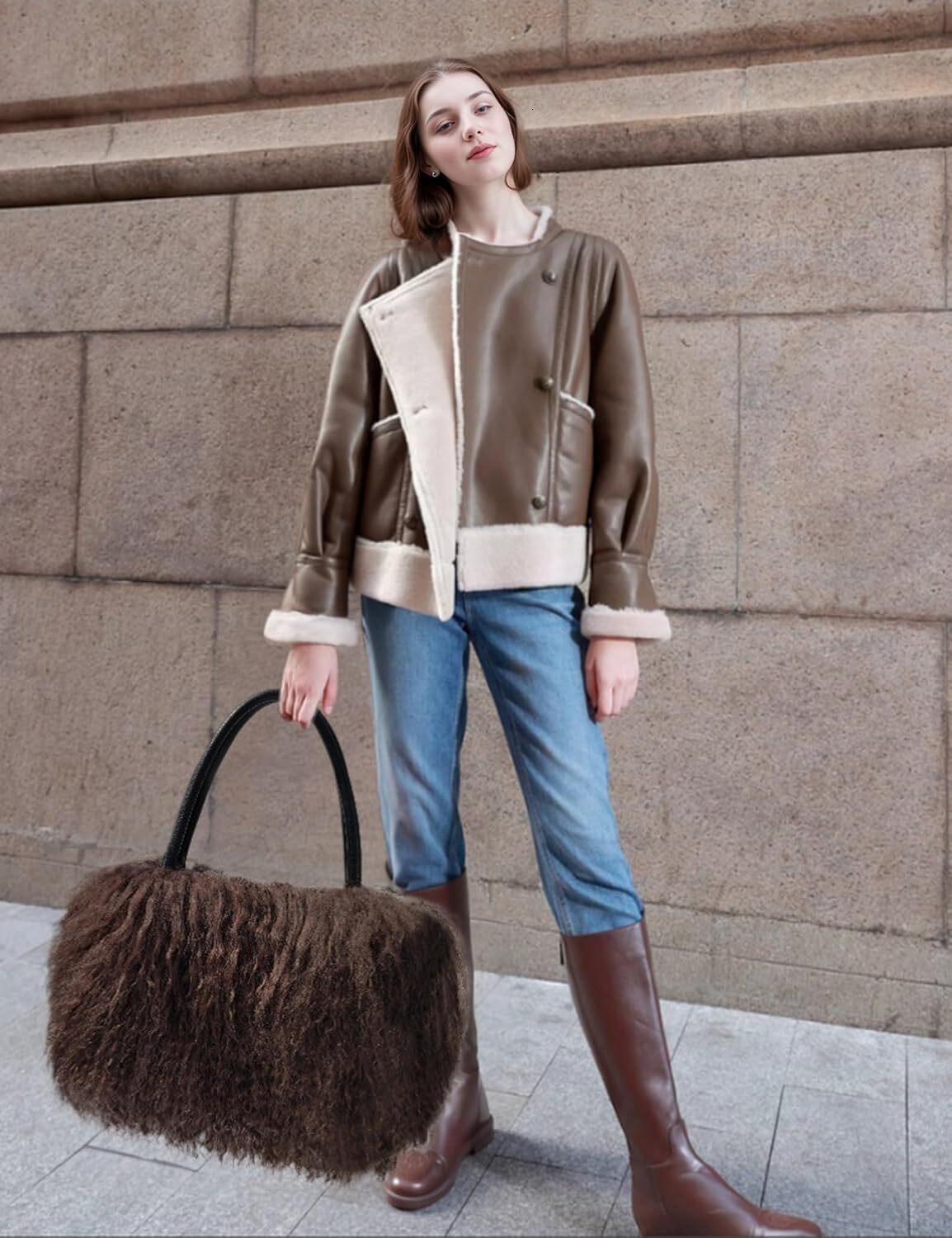 Women's sheepskin/Mongolian same wer veet wool leather, with genuine leather handle handbag