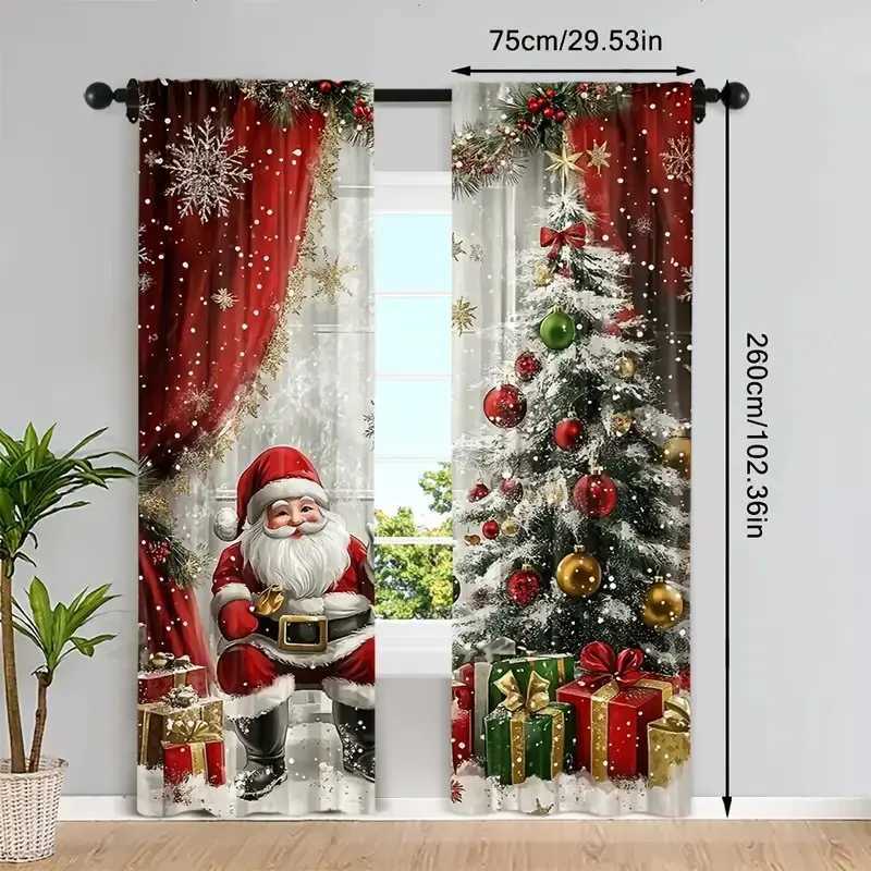 Curtain Christmas 2pcs - Christmas Santa Claus and holiday pattern printed curtains pole bag curtains home decoration room decoration Y251126