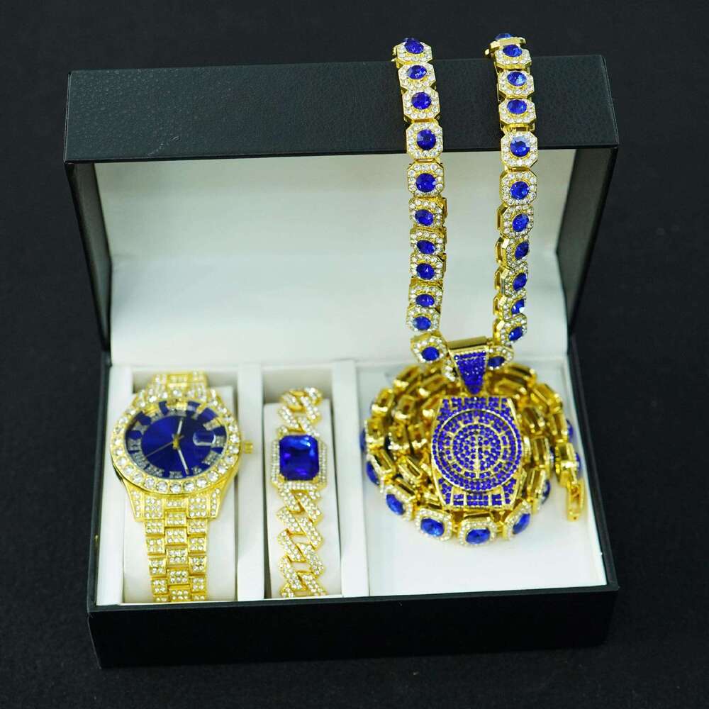 Hip Hop Fashion Creative Dia Pendant Square Sugar Blue Cuban Chain Necklace Men's Watch Set Gift Box