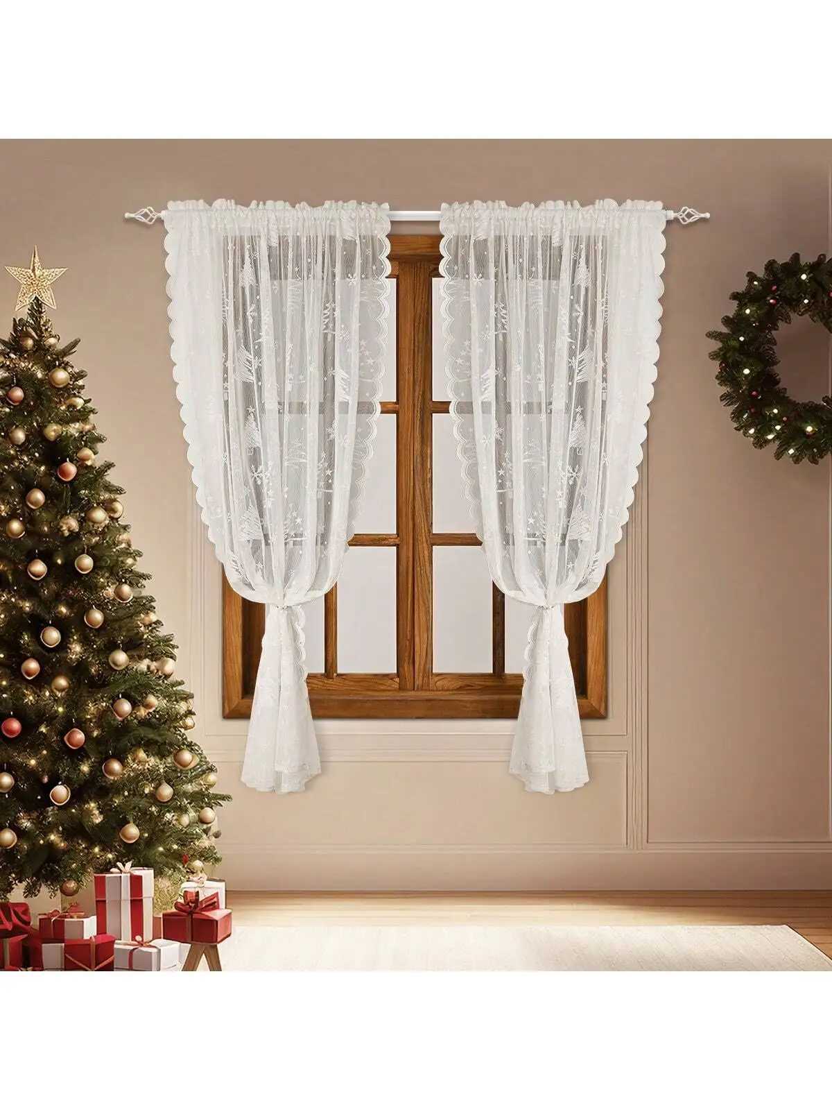 Curtain Christmas 1pc White Christmas Tree Lace Sheer Curtain Festive Window Decor for Holiday Living Room Bedroom Y251126