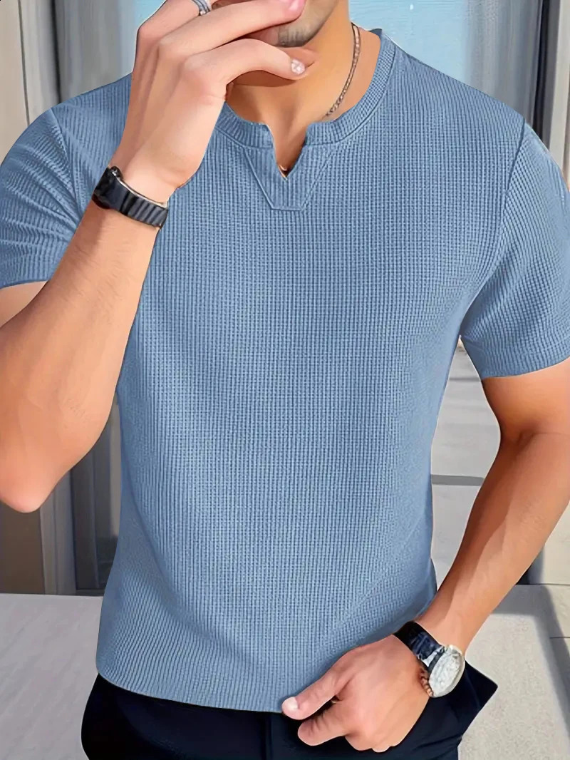 Mens casual waffle knit V-neck floral T-shirt - a must-have for summer short sleep daily leisure outings 250427