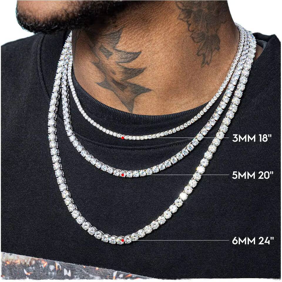 Top Sales for Men 925 Silver Moissanite Tennis Chain VVS Link Necklace with 3mm 4mm 5mm Diamond Chains Versatile Sizes