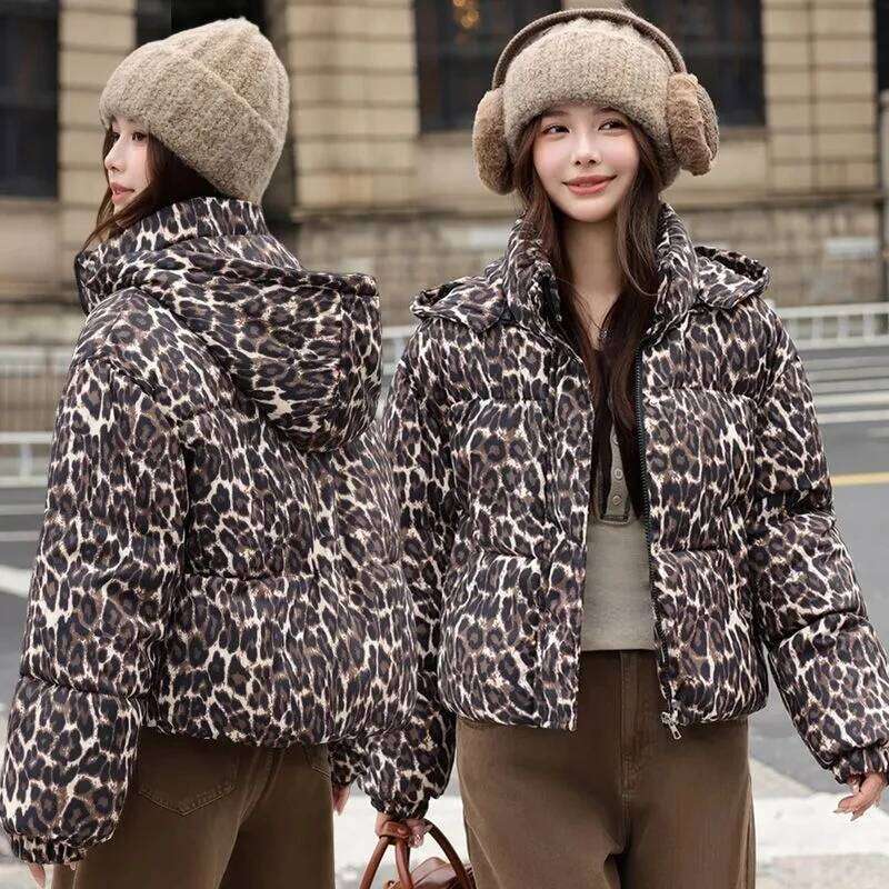 Designer Leopard Print Down Cotton-Padded Jacket Women's Parkas Winter 2025 New Warm Cotton Coat Fashion Outwear Hooded Female Overwear