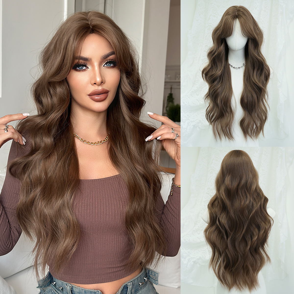 brown Warm daily wig with no trace full head cover for women round face long hair with big waves curly hair natural full top simulation hair