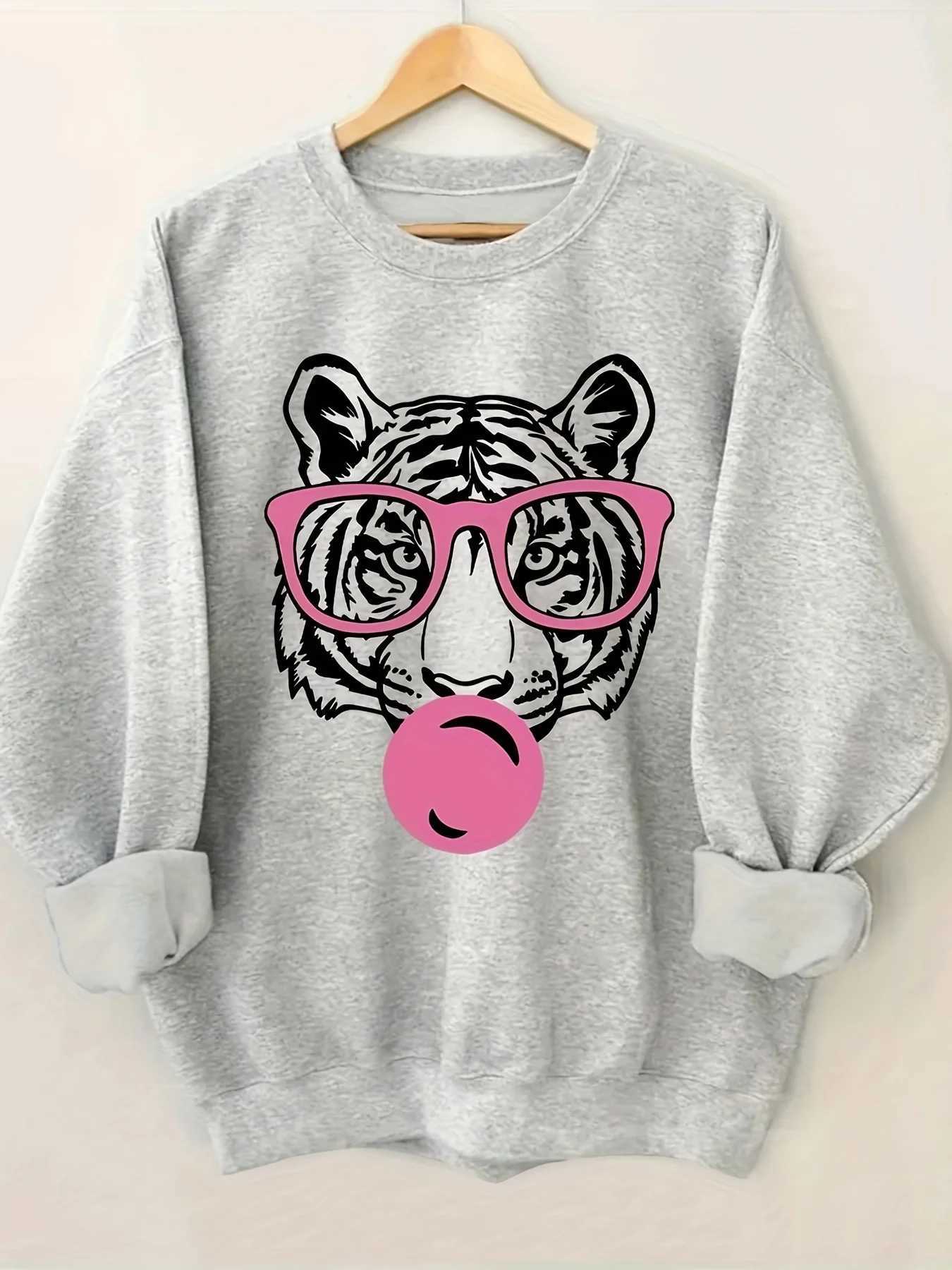 Womens Autumn and Winter Loose Casual Comfortable Cartoon Tiger Print Long Sleeved Round Neck Hoodie Pullover Casual Clothing J251136