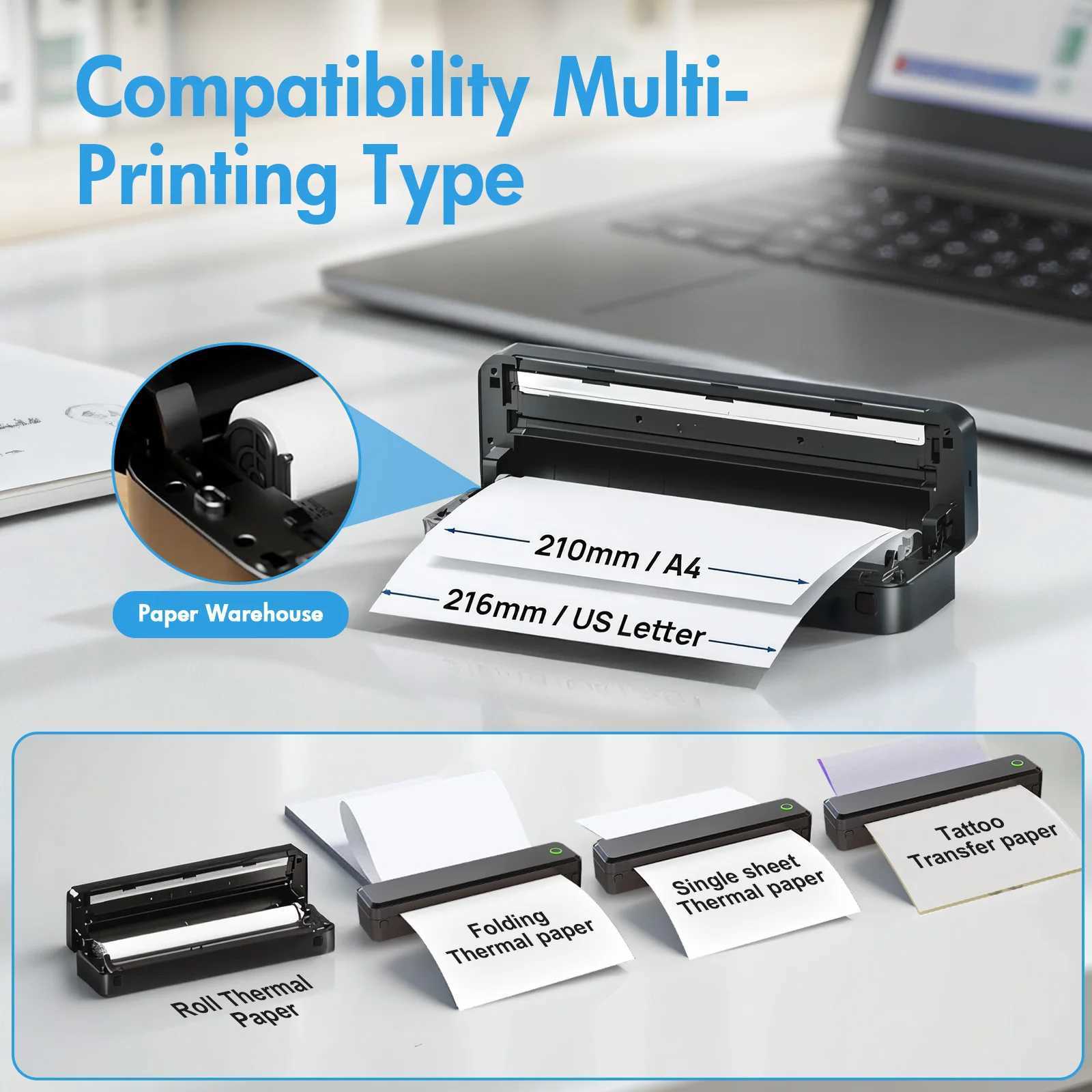 Portable Printers Wireless Inkless Thermal A4 Label Maker US Letter/A4/A5/B5 Android iOS Phone Laptop For Travel Off School H251127