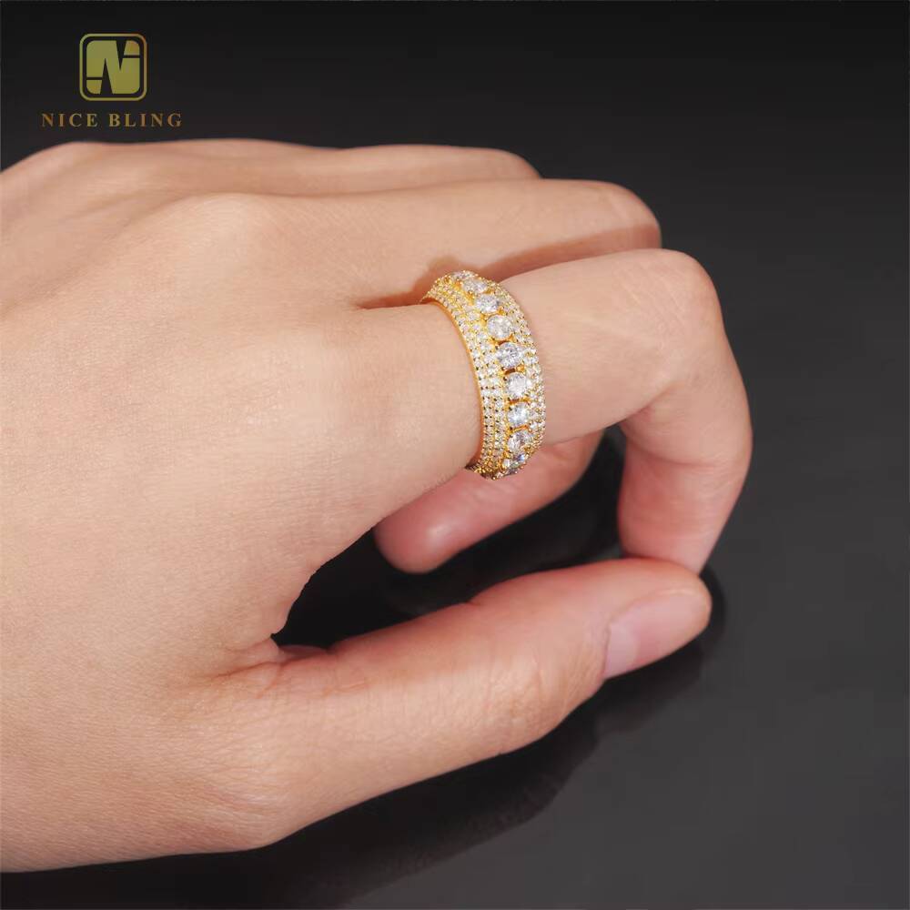 Luxury Rapper Jewelry Gold Plated Solid Inside 925 Sterling Silver Hip Hop Fully Iced Out Moissanite Band Ring