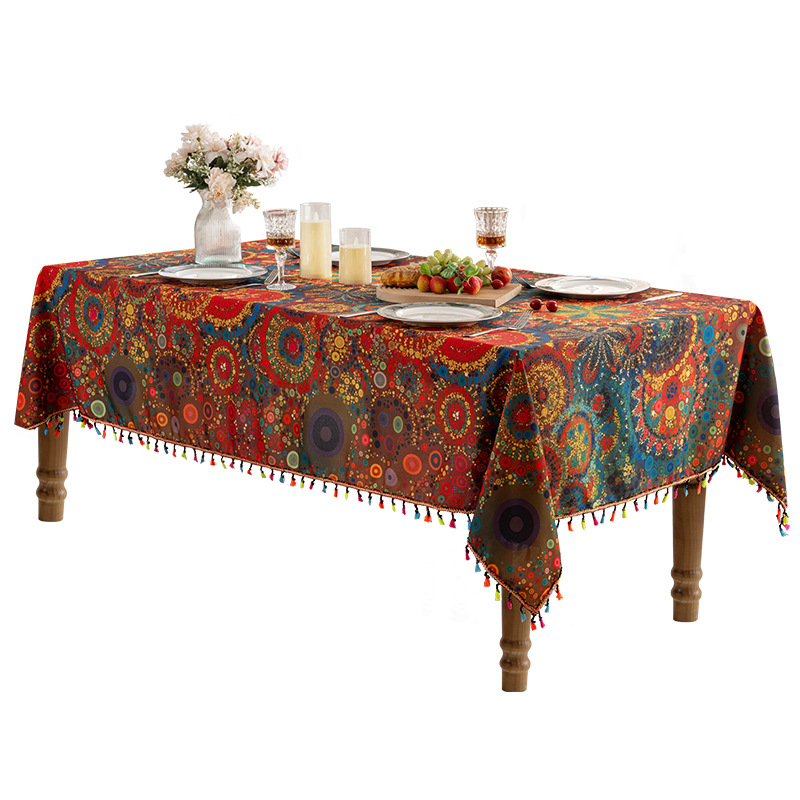 T0431 New Color Tassel Tablecloth Printed Dustproof Tablecloth Waterproof Household Rectangular Tea Table Cover