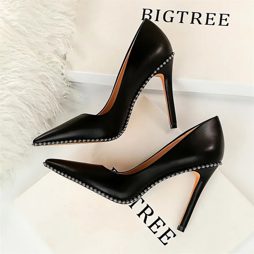 BIGTREE Sexy Rivets String Bead Womens Shoes Party Soft Leather Pointed Toe High Heels Pumps Spring Shallow Office Shoes Women 251125