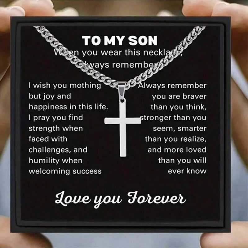To My Son Stainless Steels Cross Pendant Cuban Chain Necklace With Inspirational Card Gifts L251127