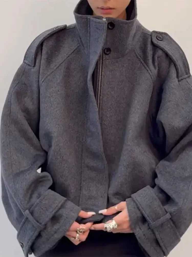 Casual Stand Collar Woolen Womens Coats Long Sleeve Single Breasted Pockets Thick Warm Jacket 2025 Autumn Winter Lady OuterwearXJ251127