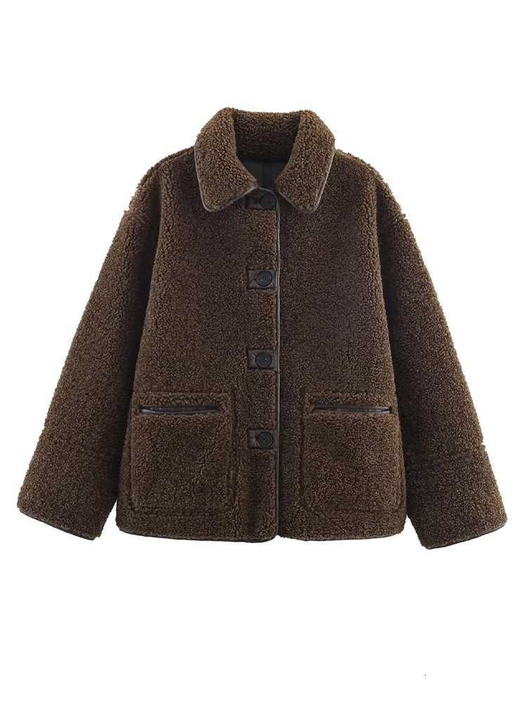 HH Womens New Fashion Winter Jackets Brown Turn-Down Collar Long Sleeve Pocket Single breasted Female Casual Reversible CoatsXJ251127