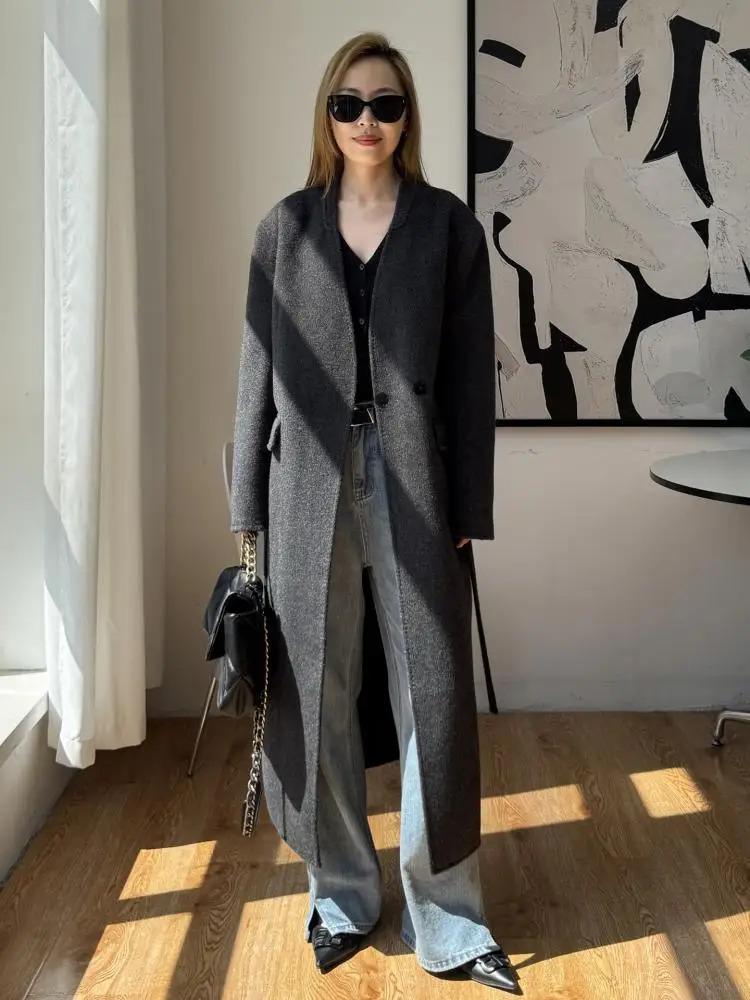 Office Lady Pink LaceUp Cashmere Woolen Jackets Autumn And Winter VNeck Adjustable Loose Womens Long Wool Coats 251126 - view 5