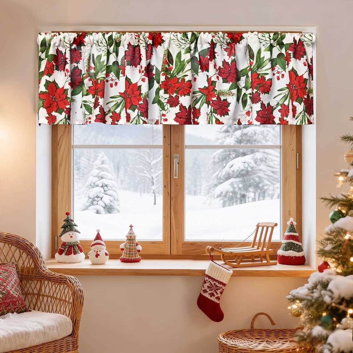 Curtain Christmas 1PC Christmas Poinsettia Printed Rod-Pocket Short Curtain Suitable for Christmas Festival Curtain Decoration and Embellishment Y2511