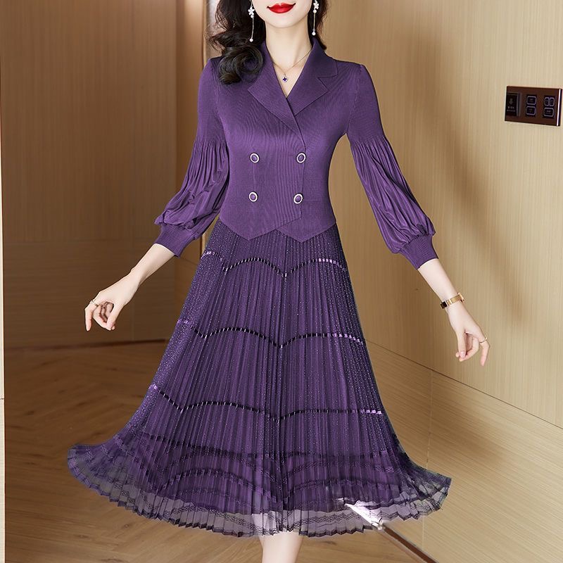 Large size women's pleated dress 2025 spring new mesh lace dress D02304