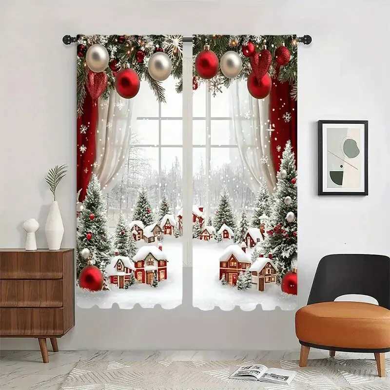 Curtain Christmas 2pcs - Christmas snow scene forest scene printed curtains pole bag curtains home decoration room decoration Y251126