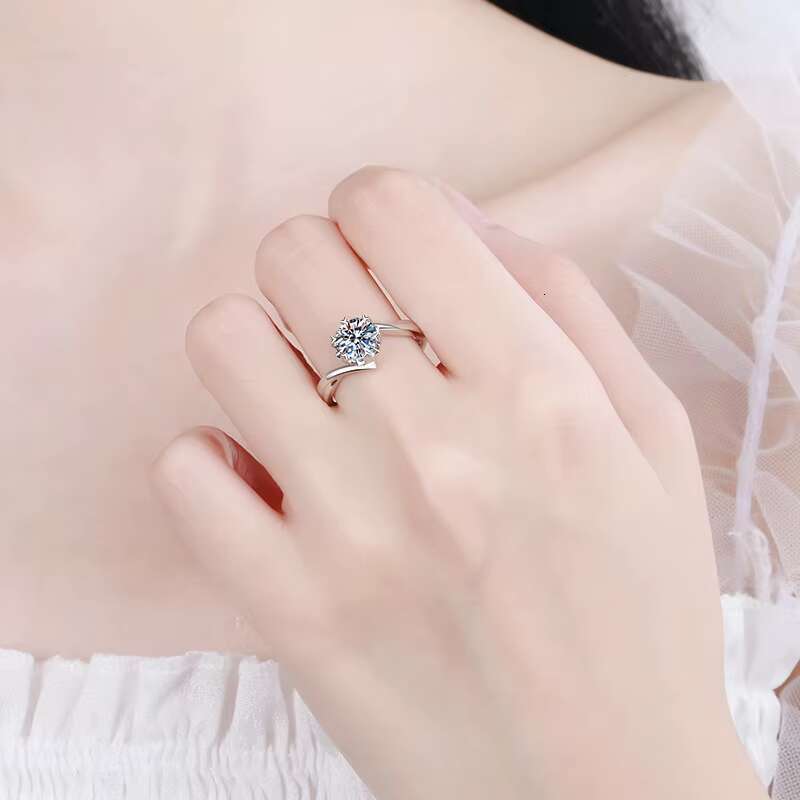 DHCollections Adjustable Sterling Sier Wedding Engagement Ring Rhodium Plated Newby Snowflake VVS Classic D Color Moissanite Elegant