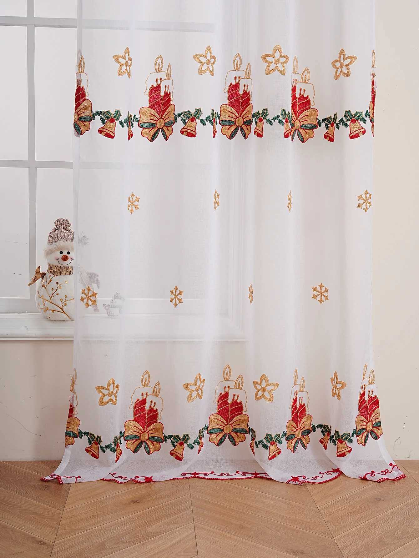 Curtain Christmas Christmas Candle Embroidered Curtain Sheer for Living Room Bedroom Festive Atmosphere Pole Pocket Curtain Y251126