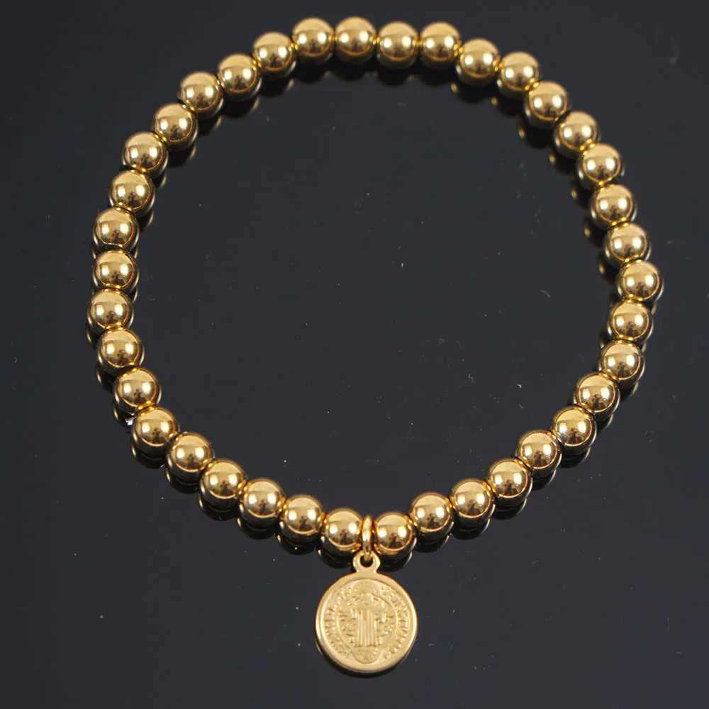 Stainless Steel San Benito Medal For Women Gold/Silver Color Metal St Benedict Cross 5mm Bead Chain Pulseira C251105