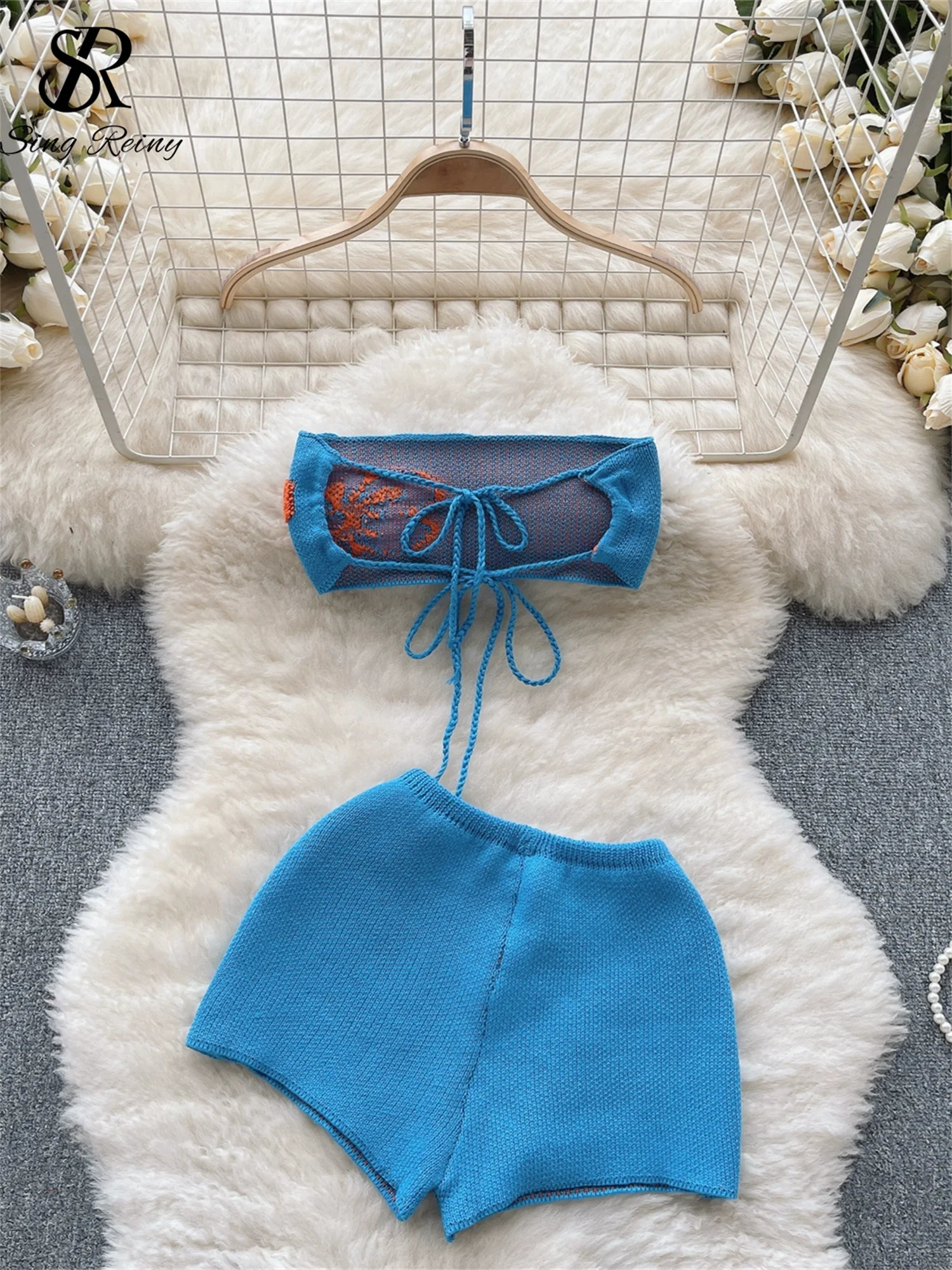 SINGREENY Bohemian Beach Style Knitted Set with Lace Bow No Back No Shoulder Strap Top and Patchwork Shorts Two Piece Set 250422