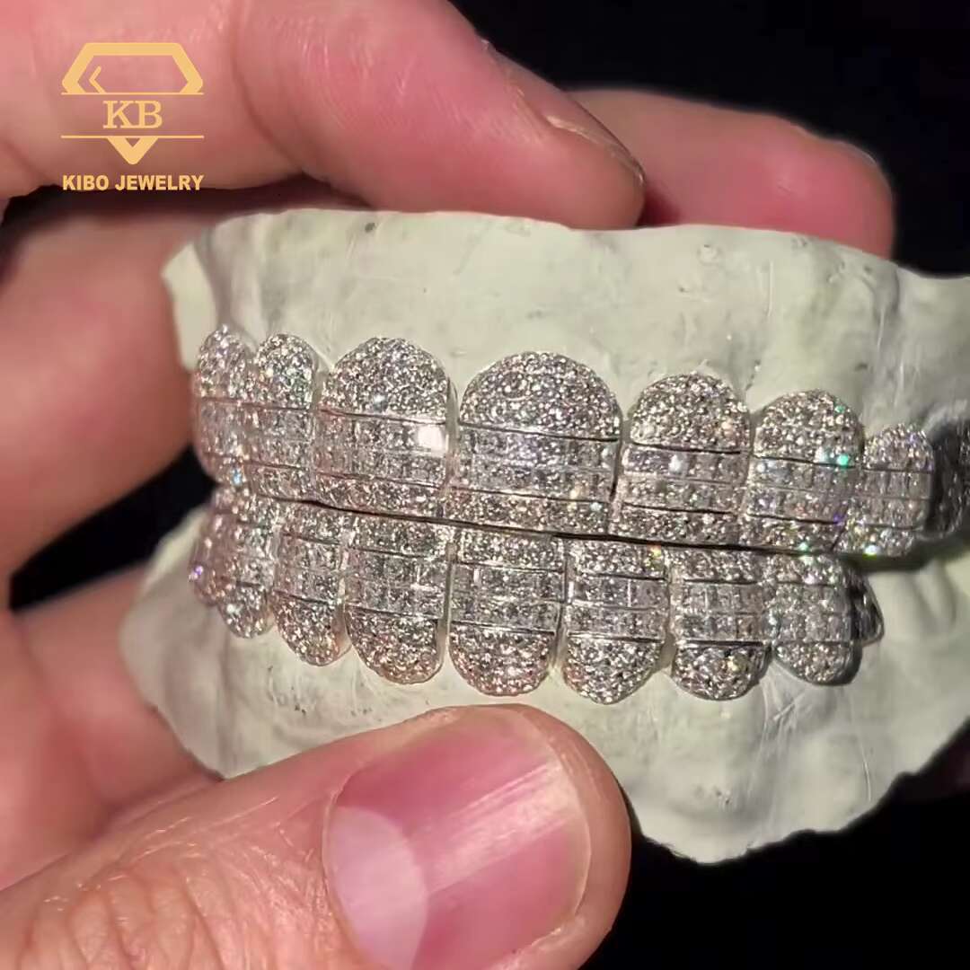 925 Sterling Silver Hybrid Grillz Round Baguette Cut 10 Top 10 Bottom Custom Iced Out VVS Moissanite Grillz for Teeth