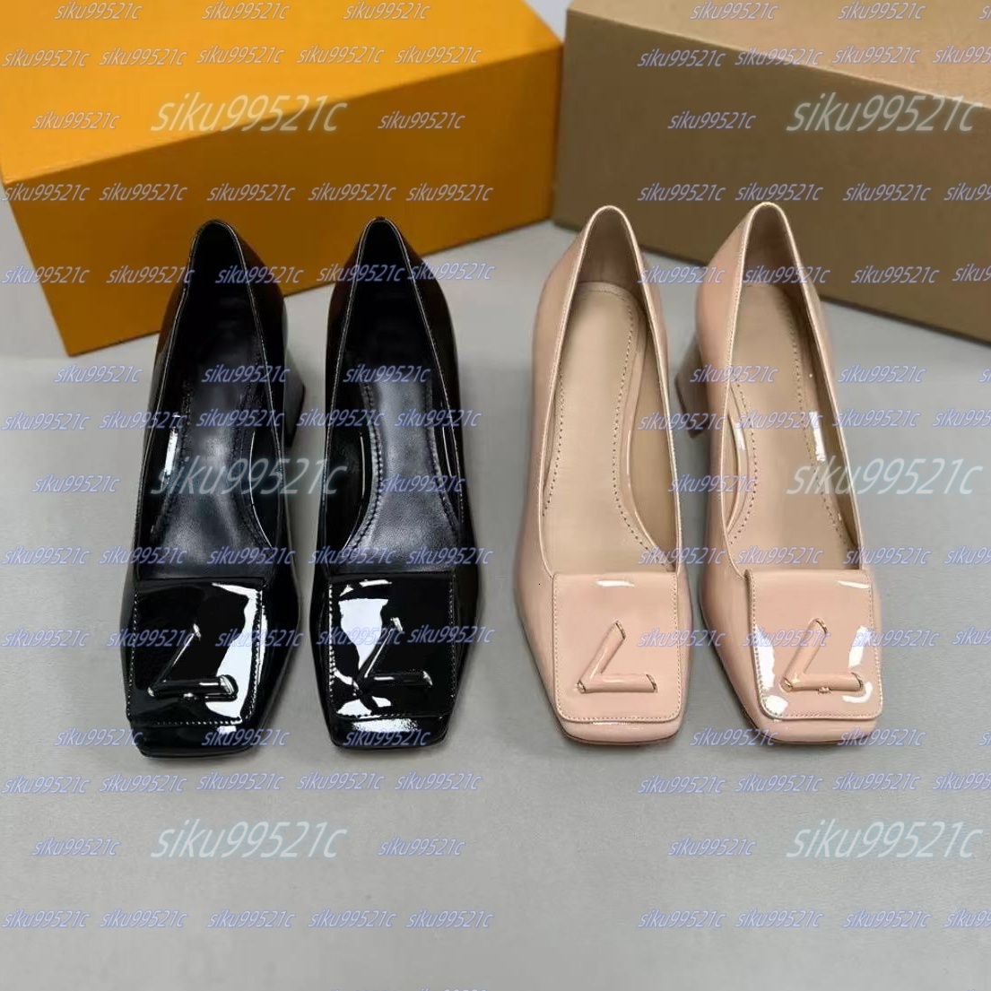 Designer dress shoe slingback sandal pumps women single shoes patent leather square headed block heels letter luxury elegant gentles chunky high heels